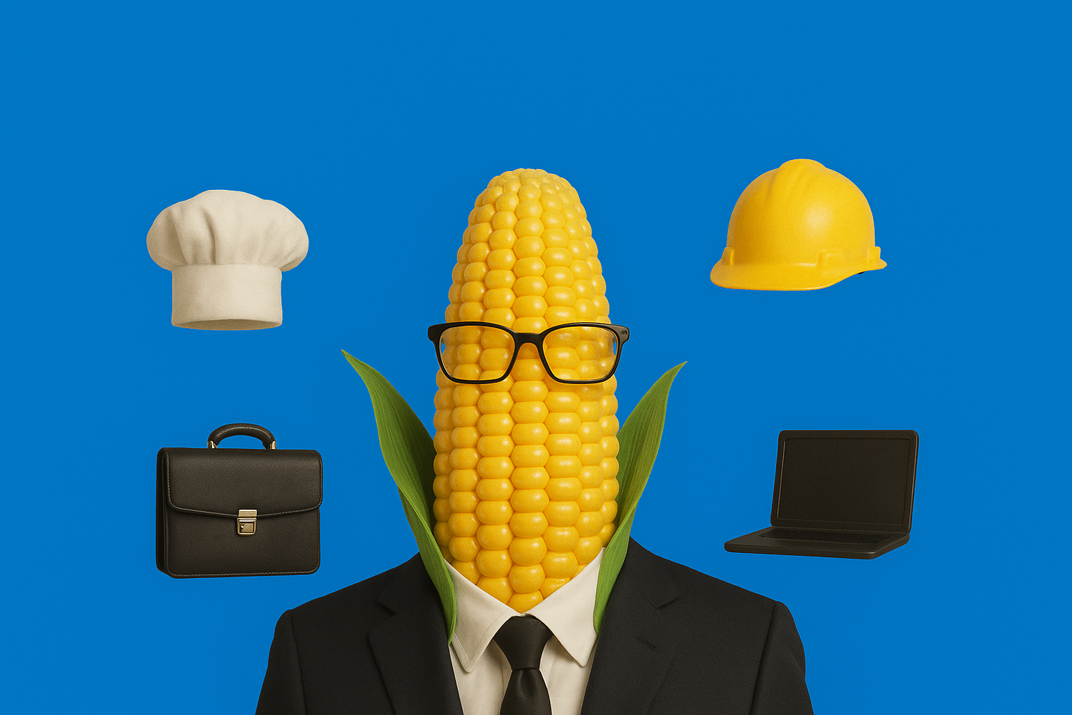 Professional corn character in business suit with career-related items floating around